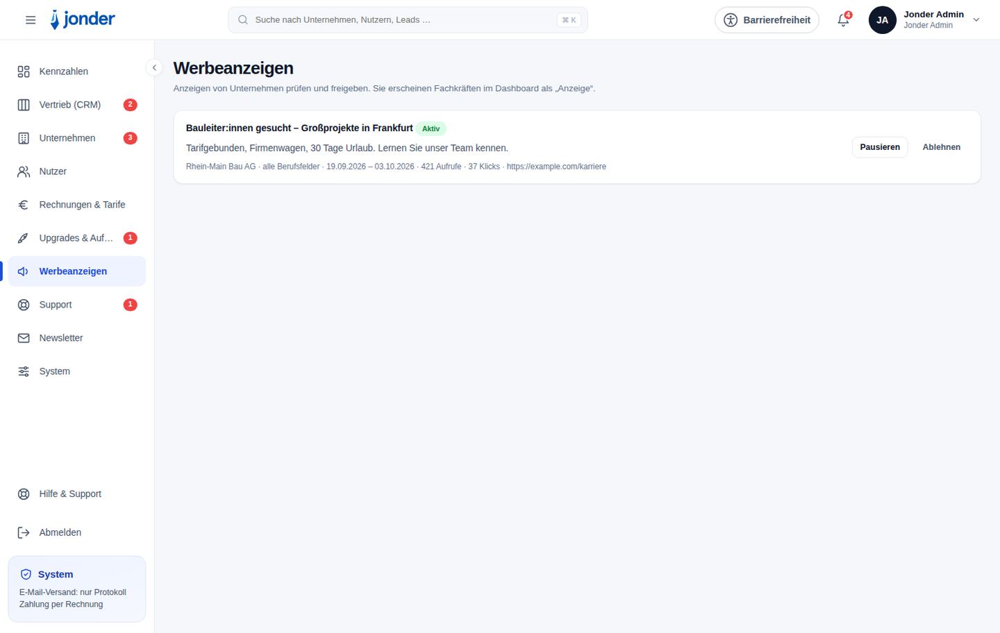 Werbeflächen freigeben