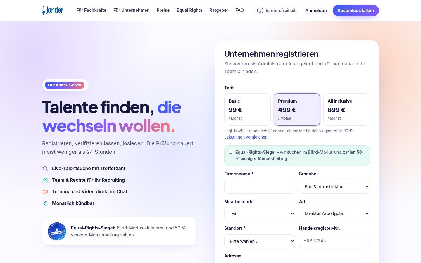 Registrierung für Unternehmen mit Tarifwahl