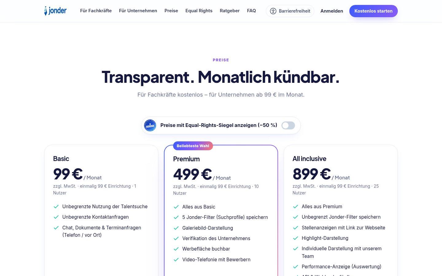 Die Tarife auf der Website