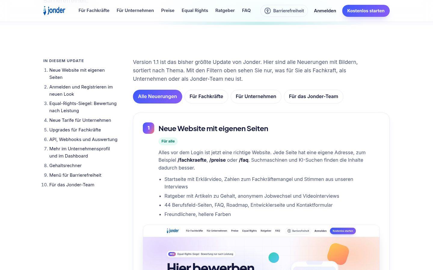 Die Update-Seite mit Filter nach Zielgruppe